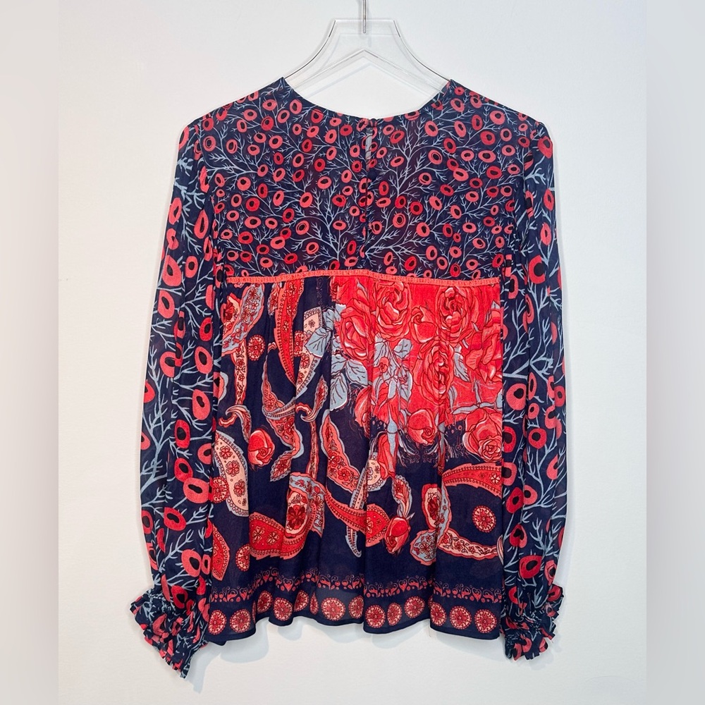 Anthro BLNK Miranda Peasant Red Blue Print Blouse Shirt Top - Picture 4 of 15